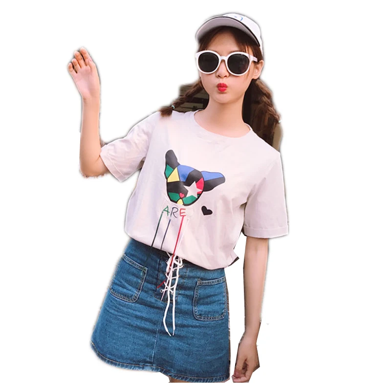 2017 новый прибыл женщины мило с коротким рукавом рубашки хлопок o шея мультфильм