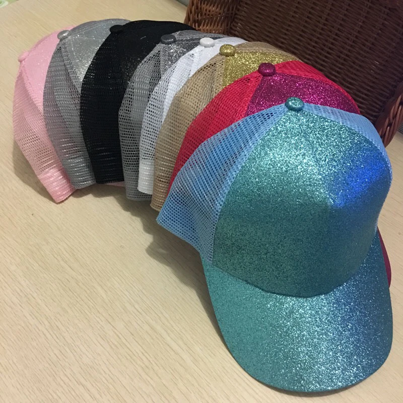 Mingjiebihuo New Fashion Spring Summer Sequin Fluorescent Baseball Cap Open Back Ponytail Cap Glitter women girls Mesh Cap