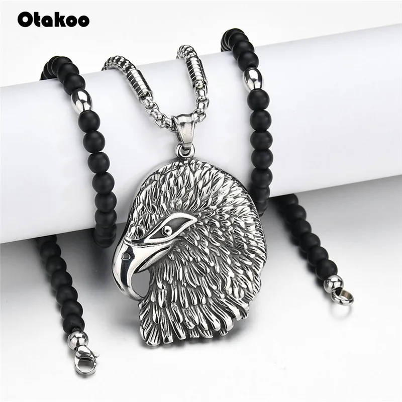 Otakoo African Glass Beads Long Chain Necklaces For Men Punk Stainless Steel Eagle Head Pendant Statement Jewelry | Украшения и