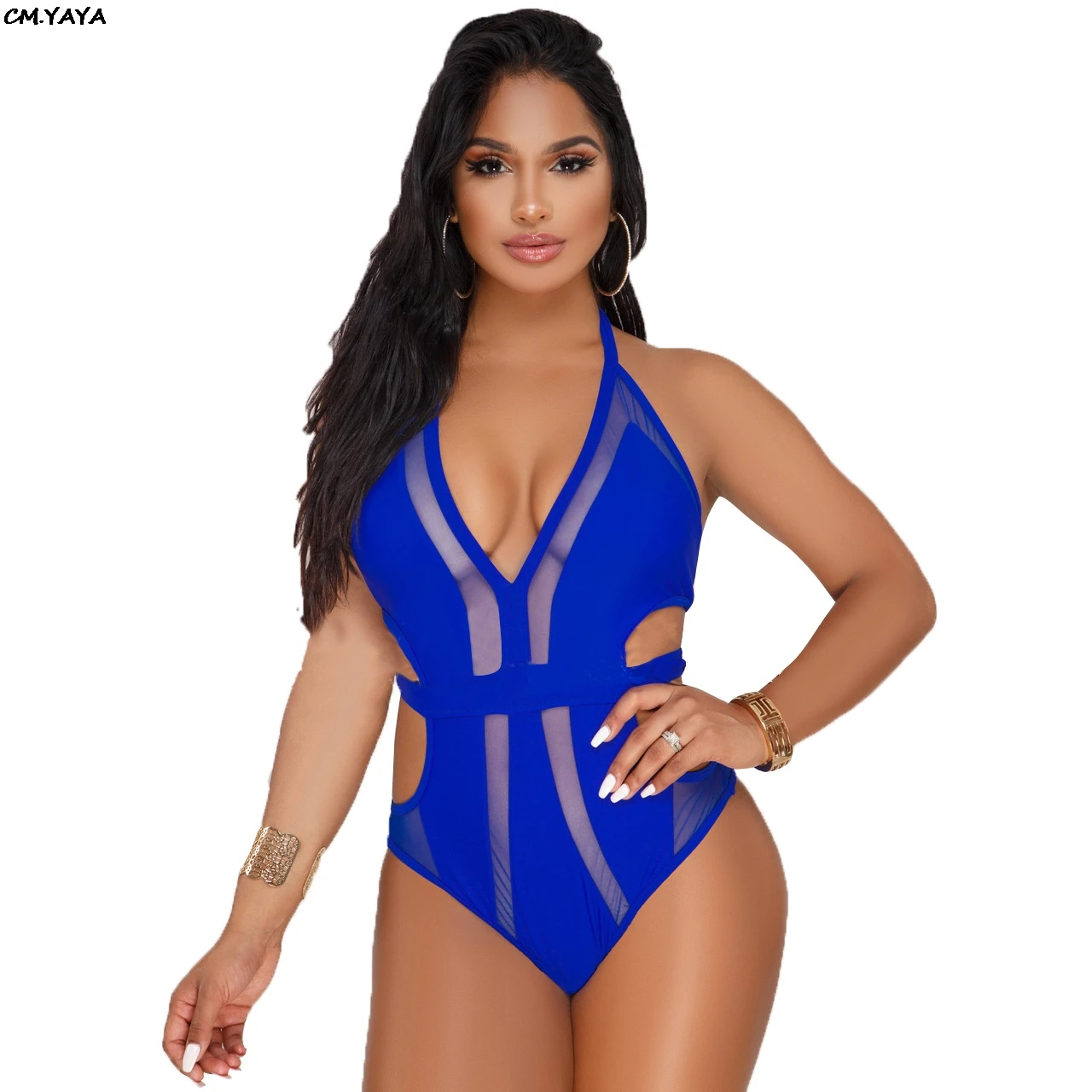 Женский пляжный комбинезон с вырезом на талии сетчатый v образным и открытой