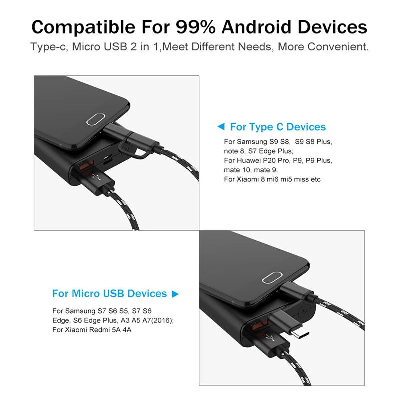 2 в 1 плетеный кабель Micro USB для Samsung Galaxy 2A быстрой зарядки Type-C зарядное устройство