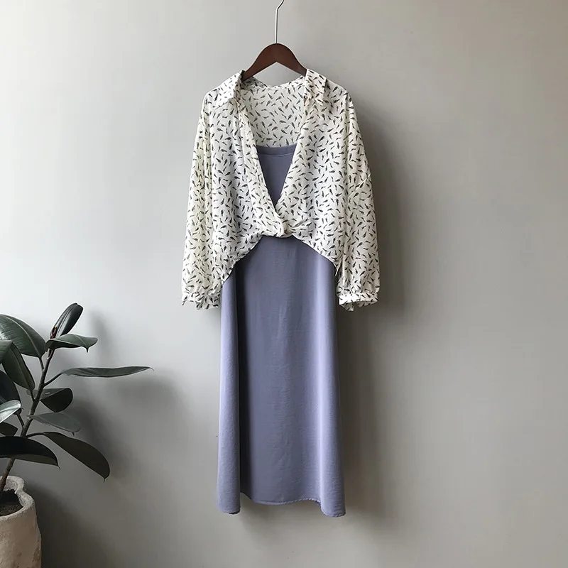 Ordifree Summer Women 2 Piece Set Dress Spaghetti Strap Long Slip Dress Boho Floral Print Blouse Shirt Top