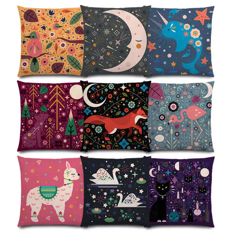 Симпатичные Мультяшные животные Цветы Листья луна звезды ночное небо лиса