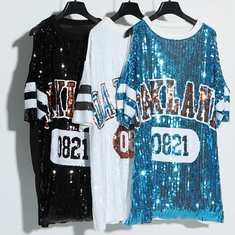 Модная женская Стильная Блестящая футболка с блестками платье для девочек