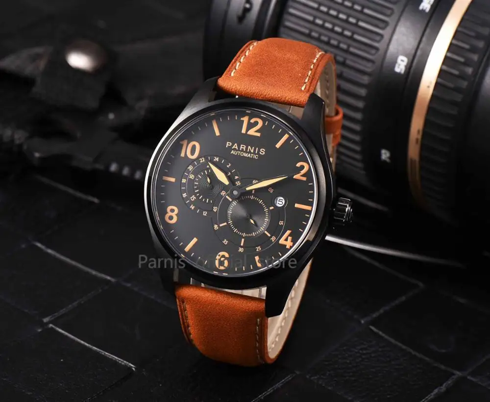 black yellow number Новинка, автоматические мужские часы Parnis, роскошные светящиеся кожаные механические часы, мужские наручные часы с автоматической датой - Цвет: black yellow number