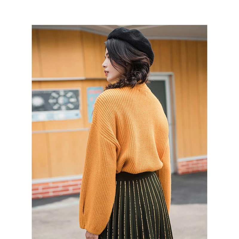 INMAN Winter Female Half-high Collar Jacquard Loose Lantern Sleeve Long Pullover Women Sweater | Женская одежда