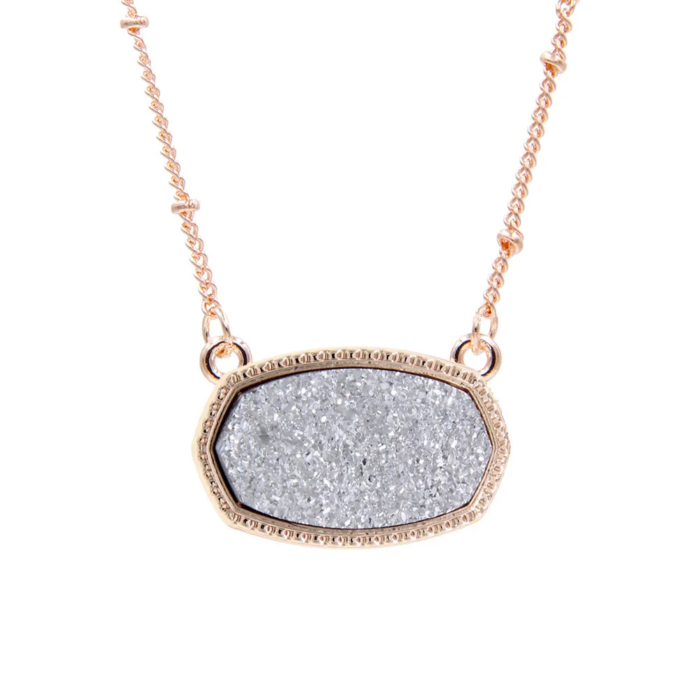 YJX030 розовая, золотая, овальная, Переливающаяся Druzy Подвеска Ожерелье шикарные ювелирные изделия из бутика - Окраска металла: Silver