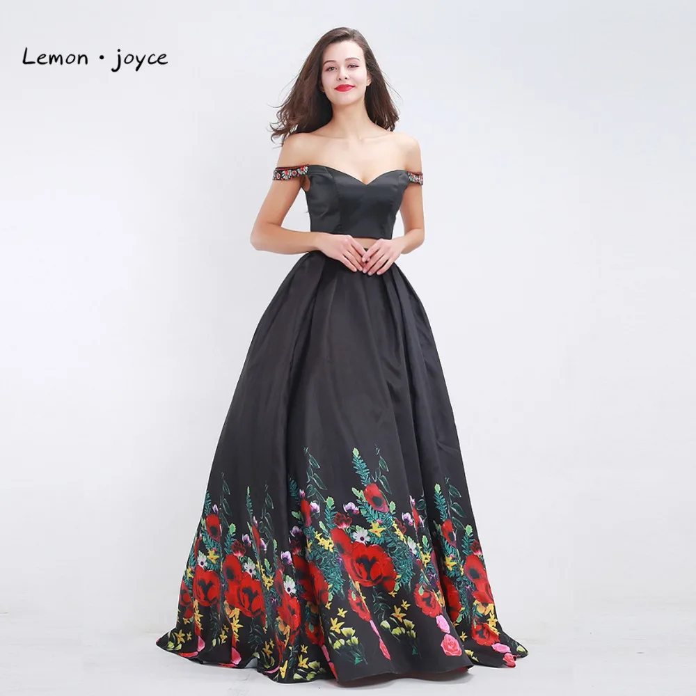 Черные Выпускные Платья с цветочным принтом 2020 из двух частей вырезом лодочкой и