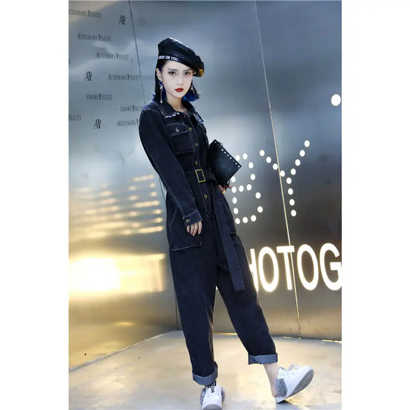 Женский джинсовый комбинезон в Корейском стиле черный/синий повседневный с