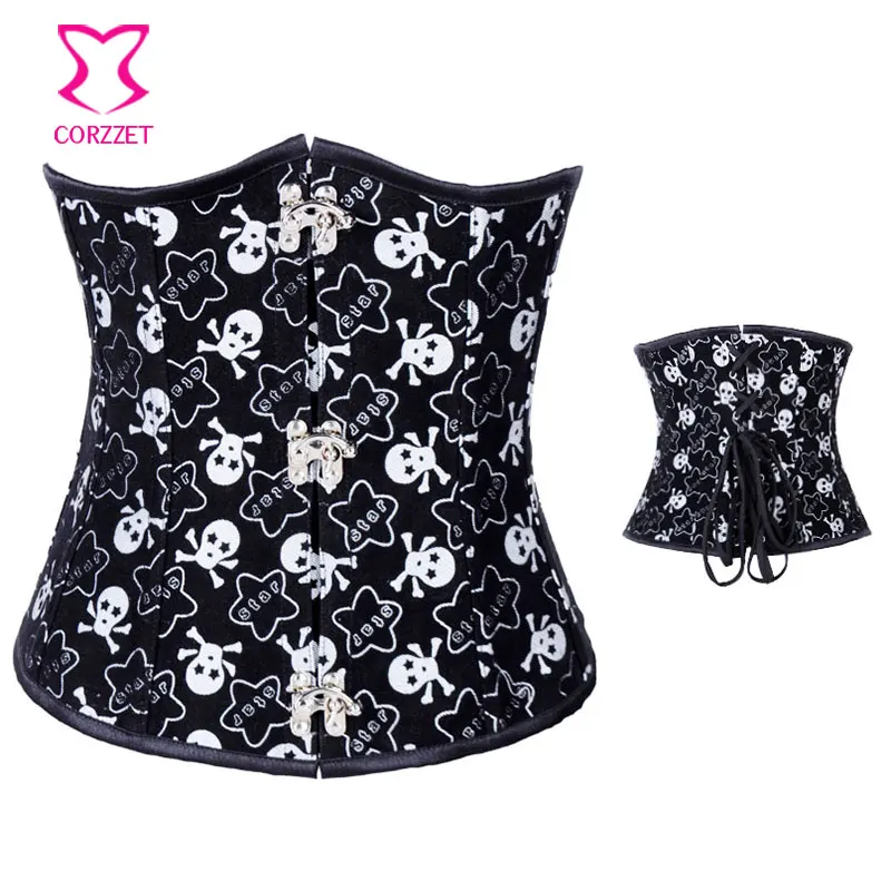Корцет Хэллоуин Черный Звезда и череп печати Бурлеск корсет с металлическими