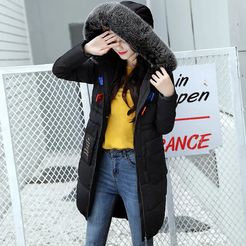 2017 new women winter pocket letter pattern long Slim Big Fur collar parkas coat Female Hooded cotton thicken warm jacket | Женская
