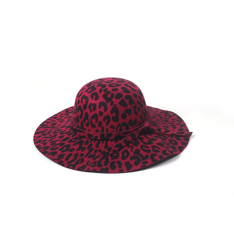 Leopard Burgundy Осенне-зимние шляпы от солнца с широкими полями, шерсть, элегантные винтажные,, женские, украшенные бантом, леопардовые Пляжные шапки S501 - Цвет: Leopard Burgundy
