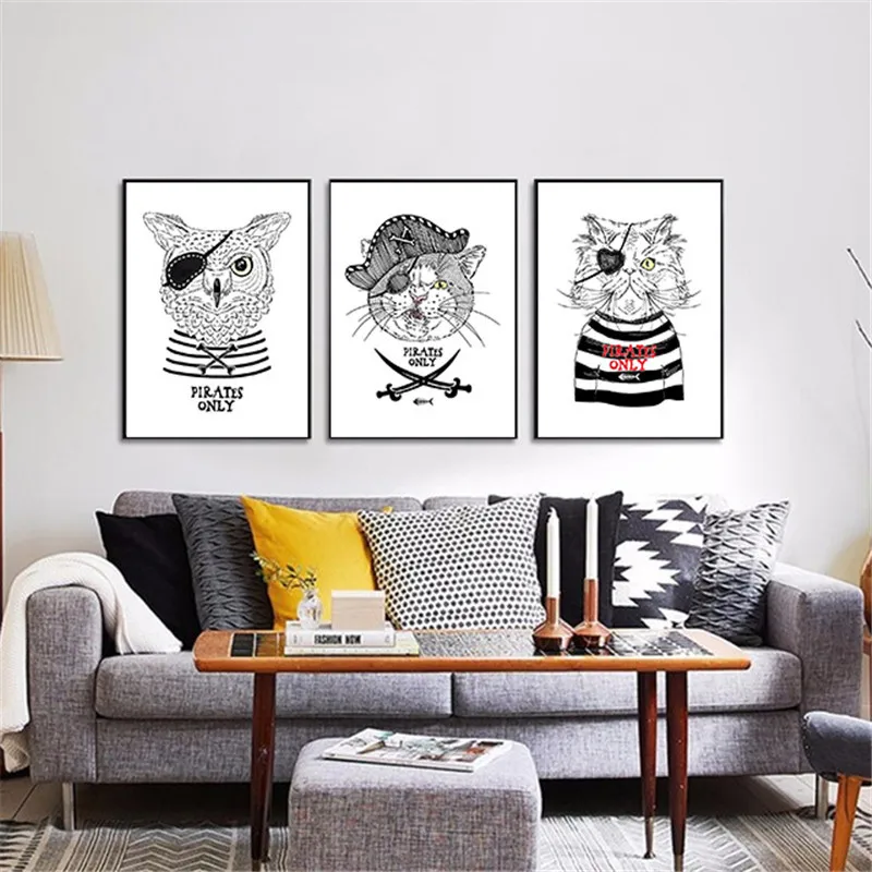 Animal Home Decor Nordic Painting Wall Art DIY Pirate Black White Dog Cat Print Office Bedroom Hotel Backdrop Personalize Supply | Дом и сад