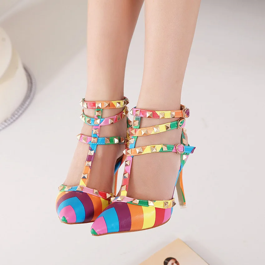 New Design 2015 Fashion Summer Womens Rainbow Rivet High Heels Ladies Pumps Pointed Heel Sandals 5254 | Обувь