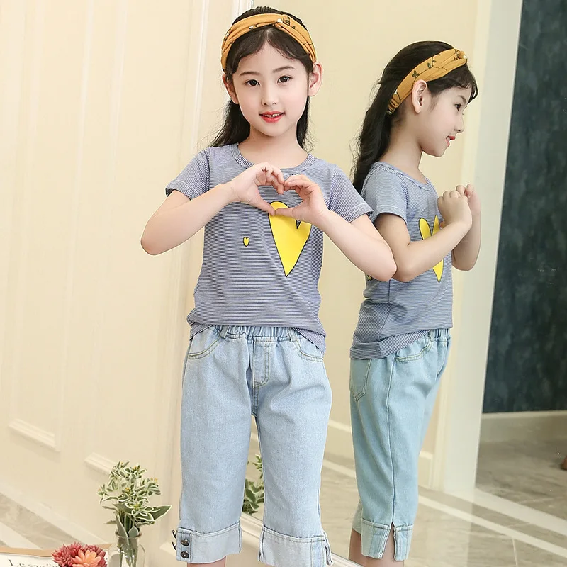 Детская одежда летняя для девочек костюмы маленьких детей футболка + джинсовые