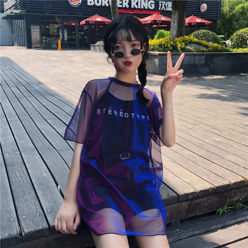 2 шт.! Ulzzang корейский Harajuku сетчатый топ женский сетчатый топ+ черный топики шикарные футболки блестящие Прямая поставка