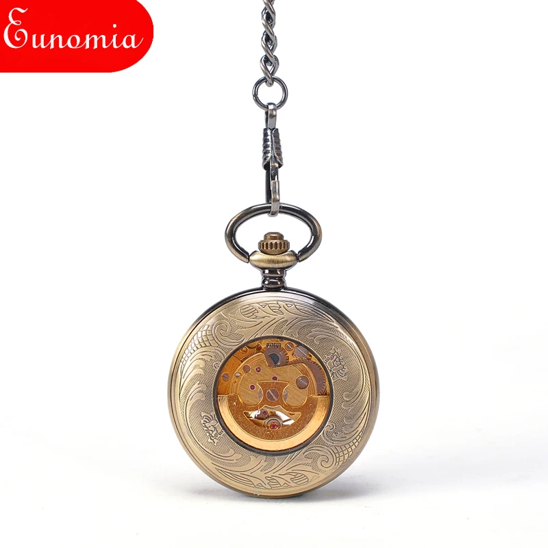 Круглые бронзовые прозрачные Механические карманные часы с цепочкой для ключей