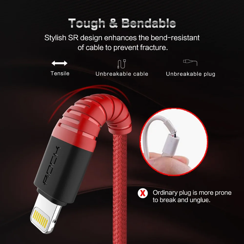 Кабель Micro USB ROCK 3 в 1 высокопрочный кабель Lightning для iPhone XS Samsung Galaxy S8 Type C быстрая