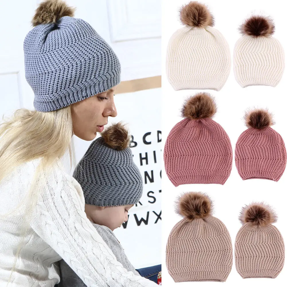 

Emmababy/шапка для новорожденных, зимняя теплая вязаная шапка на меху, однотонная шапка для мамы и ребенка, шапка для мальчиков и девочек, 5 цвето...