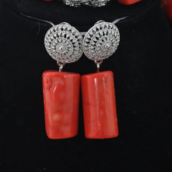 Бусины Натуральный Коралл Серебряный коралловый Свадебный комплект ожерелья