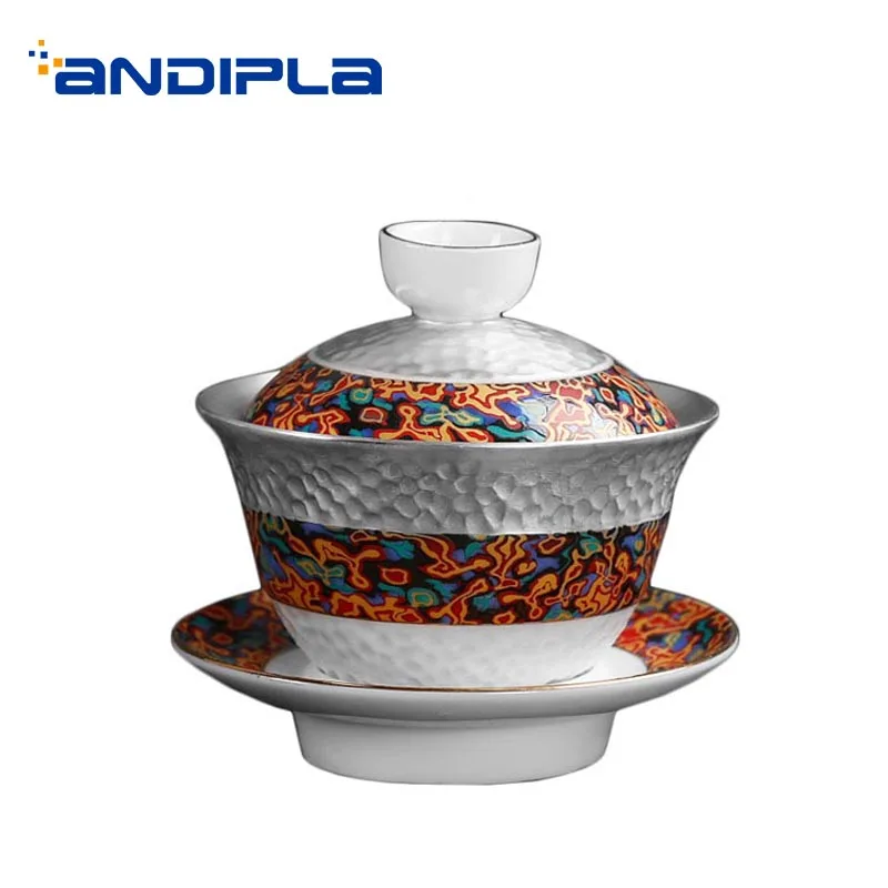 

160ml Court Style Gaiwan Enamel Colorful Silver Tea Bowl with Lid Saucer Kit Office Tea Ceremony Drinkware Teaware Collection