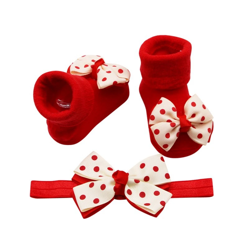 2PCS/Set Baby Socks For Girl Bebe Toddler Newborn Sock+ Bow Headband Infant Anti Slip Cotton Socks Glue Birthday Sock 0-1Years