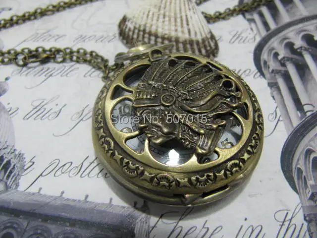 Antique bronze cacique chief Hollow out pocket watch necklace brass steampunk victorian vintage style simple | Наручные часы