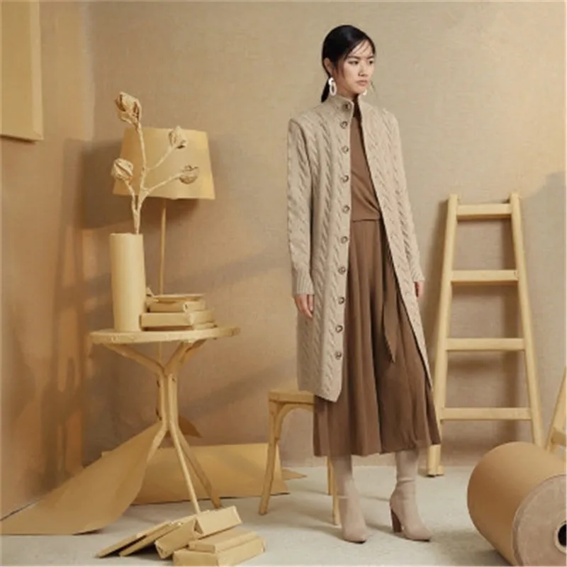 

new arrival 100%hand made pure wool knit women streetwear turtleneck solid single breasted long cardigan sweater one&over size