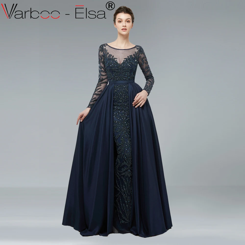 VARBOO_ELSA 2018 Новое темно-синее белое вечернее платье трапециевидной формы с длинным