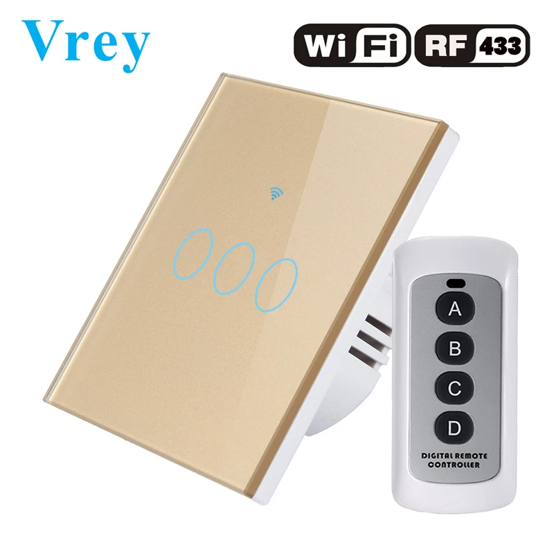 Сенсорный выключатель Vrey, умный светильник, настенный выключатель, wifi светильник, стандарт ЕС, работает с Alexa Google Home, 1way 3 банды