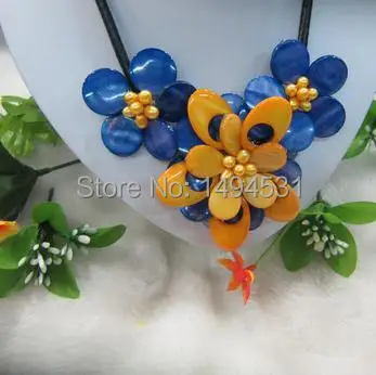 

New Arriver Fashion Flower Jewelry Handmade Yellow Freshwater Pearl Blue And Mop Shell Flower Wrap Necklace - Free Shipping