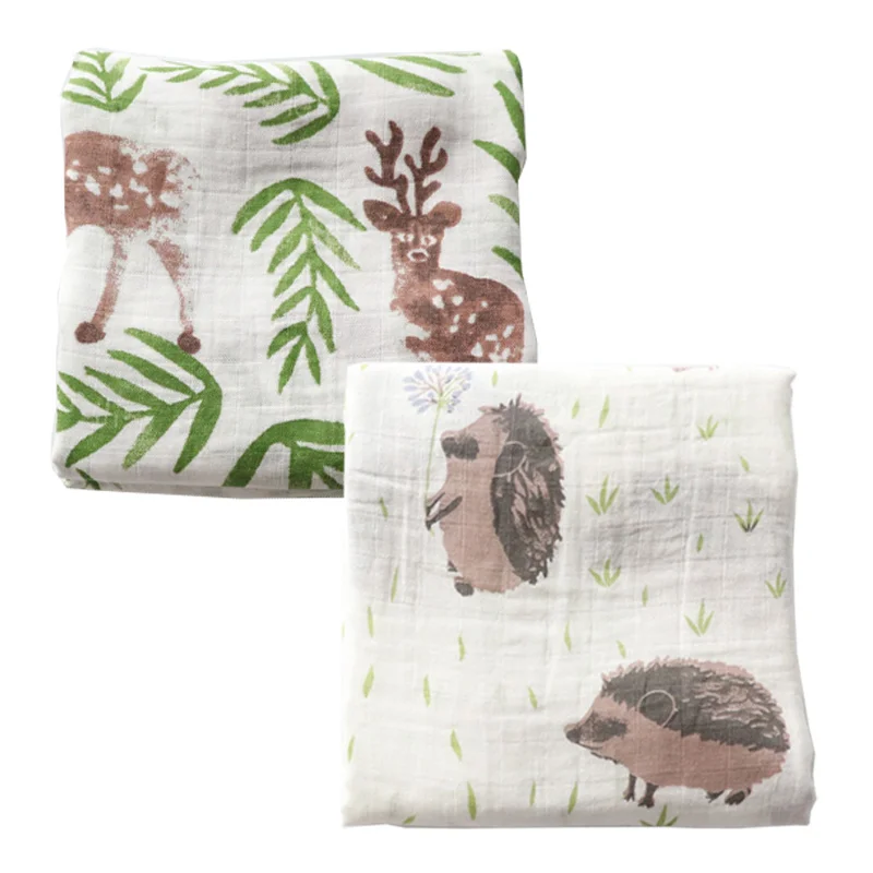 Deer Hedgehog Комплект из 2 предметов, хлопковое муслиновое детское одеяло, пеленка для новорожденных, мягкое детское постельное белье, банное полотенце, Марлевое покрытие для коляски, 115x115 см - Цвет: Deer Hedgehog