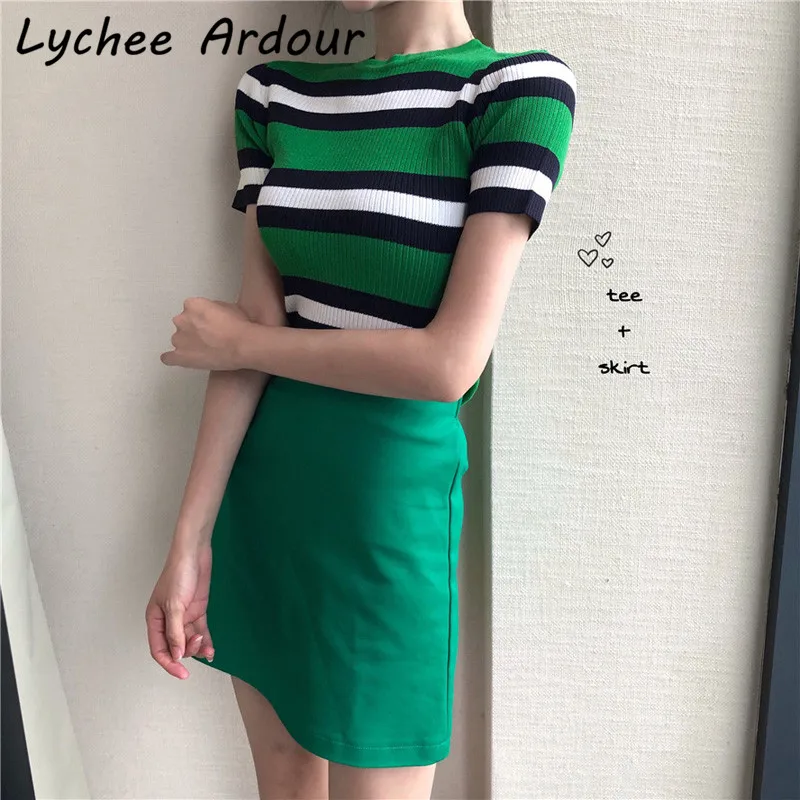 Lychee Ardour хит цветная полосатая трикотажная футболка зеленая юбка Женский