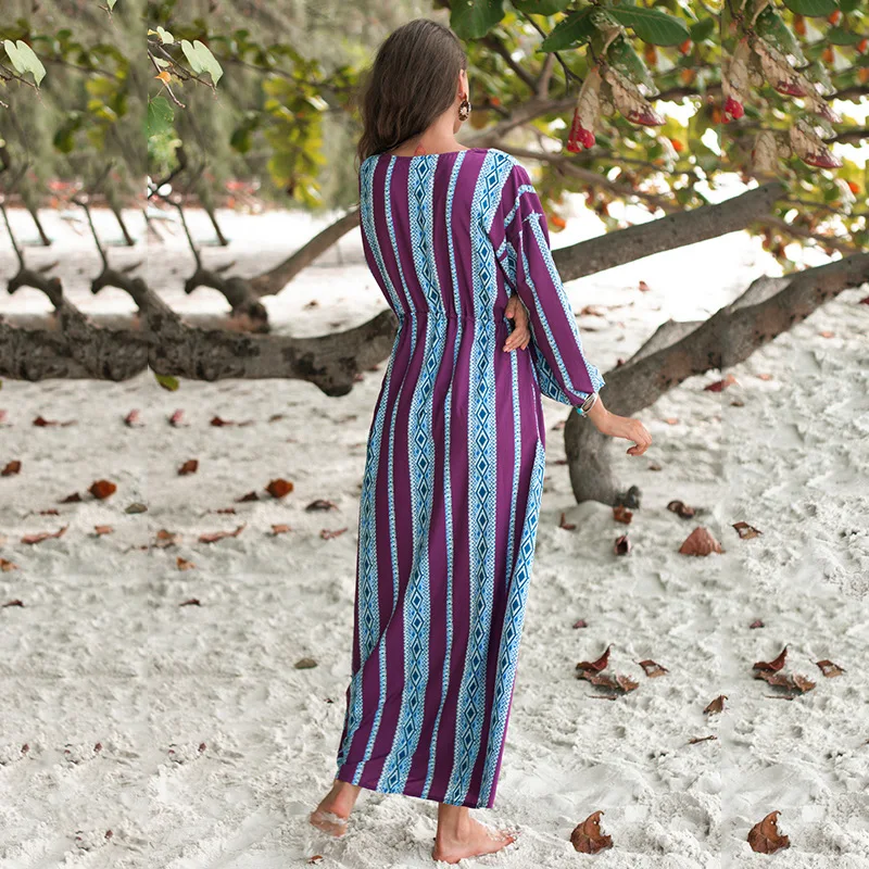 Женское пляжное платье-макси с длинным рукавом и V-образным вырезом | Женская