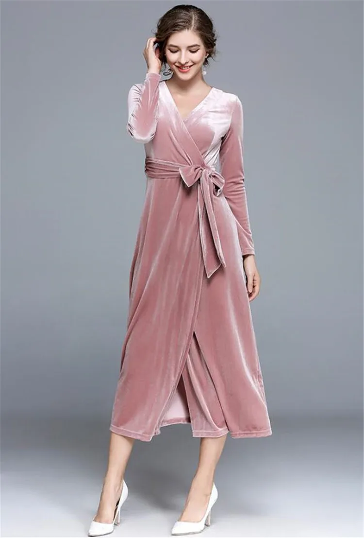 Pink Новинка, осенние и зимние вечерние платья, розовое бархатное платье, женские сексуальные велюровые длинные платья с поясом, Vestidos - Color: Pink