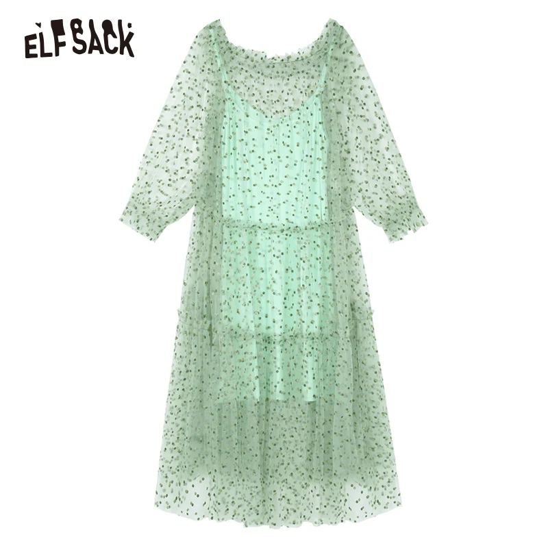 ELF SACK Mesh Dot мятно зеленые женские платья модное повседневное женское вечернее