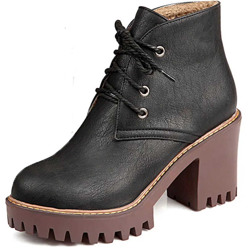 Female Classic High Fashion Round Toe Thick Heels Lace-up Knight Ankle Boots Lady Black Grey Simple Vogue Martin Shoes ZX648 | Обувь