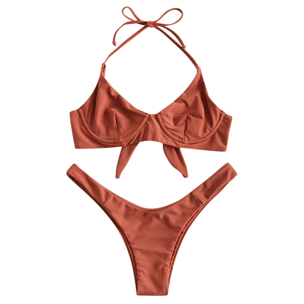 Chestnut Red ZAFUL спортивные однотонные стринги бикини комплект Холтер пуш-ап бикини с завязками по бокам красные купальники женские летние белые пляжные купальники - Цвет: Chestnut Red