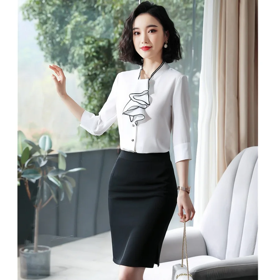 Модные женские белые блузки и рубашки с коротким рукавом 2 шт. комплекты юбочкой