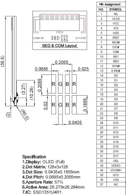 1,46 дюймов 37PIN полноцветный OLED экран SSD1351U4R1 Привод IC параллельный интерфейс 128(RGB)* 128