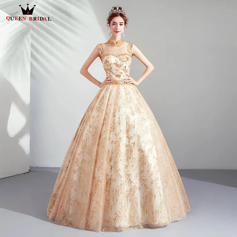 Золотые вечерние платья бальное платье с высоким воротом Тюлевое кружевное