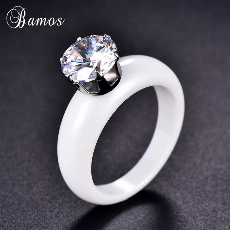 Роскошное мужское женское белое черное керамическое кольцо с большим кристаллом