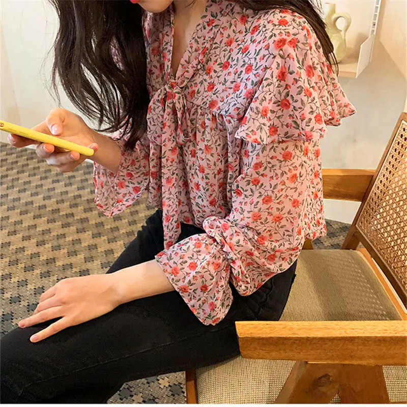 Hzirip New Bows Elegant Loose Free Simple Female Casual Stylish Sweet Bow Collar Slim Comfortable Print Preppy Style Shirt |