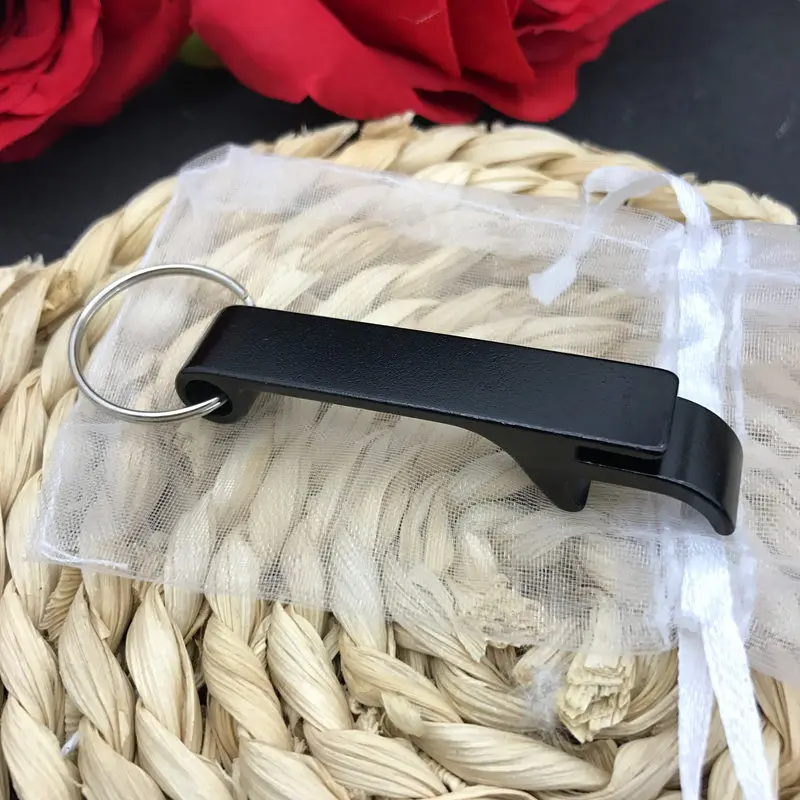black with bag 50 шт./партия, индивидуальный свадебный подарок, открывалка для бутылок с брелком, памятью и датой, Сумка из органзы - Цвет: black with bag