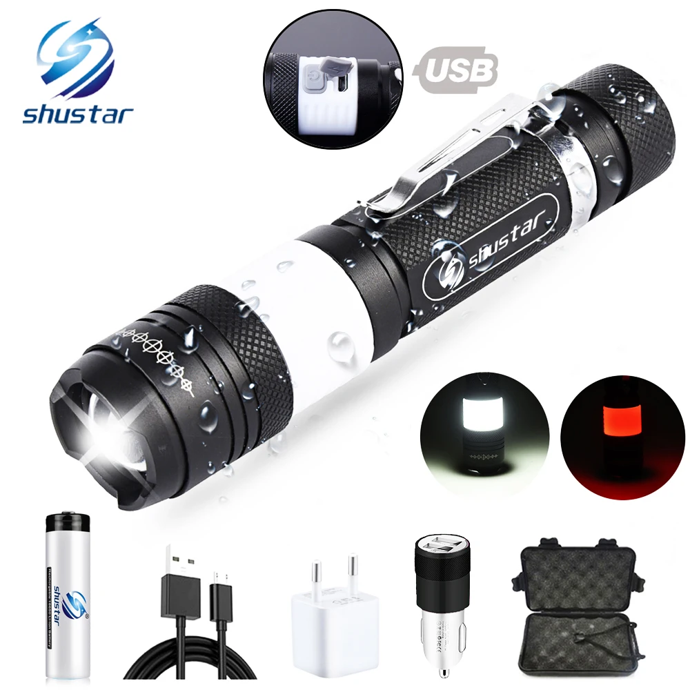 

Super Bright LED Flashlight With Side Light 6 Lighting Modes Zoomable Camping Light Telescopic zoom By 18650 battery