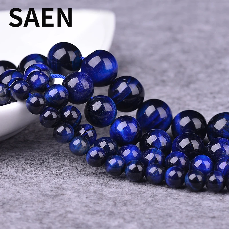 

SAEN Natural Stone Blue Lapis Lazuli Tiger Eye Agates Round Loose Beads 15" Strand 4 6 8 10 MM Pick Size for jewelry making