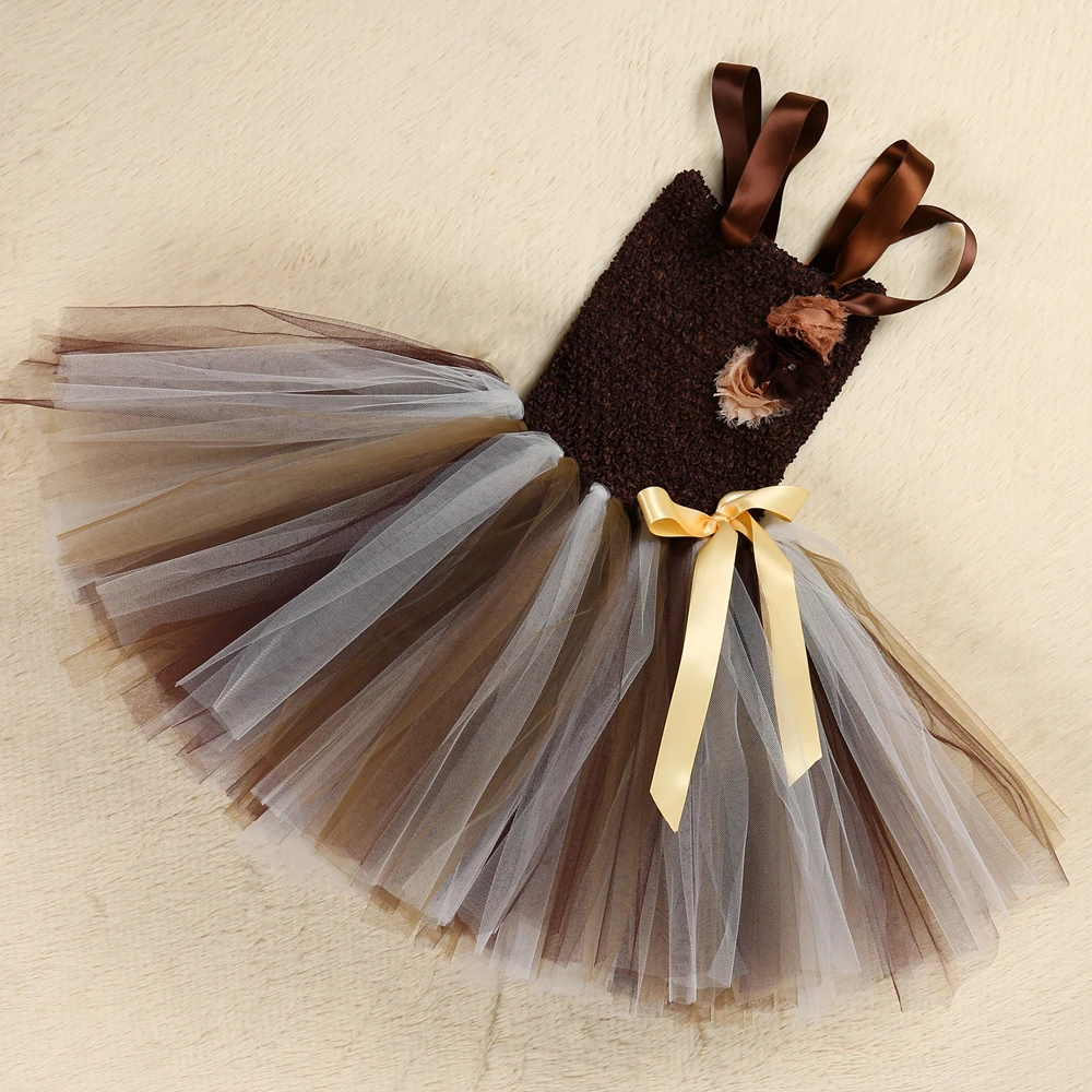 Brown Flower Girls Tutu Dress Children Cosplay Animal Lion Costume Up Fancy Girl Kids Halloween Birthday Party 1-14Y | Детская одежда и