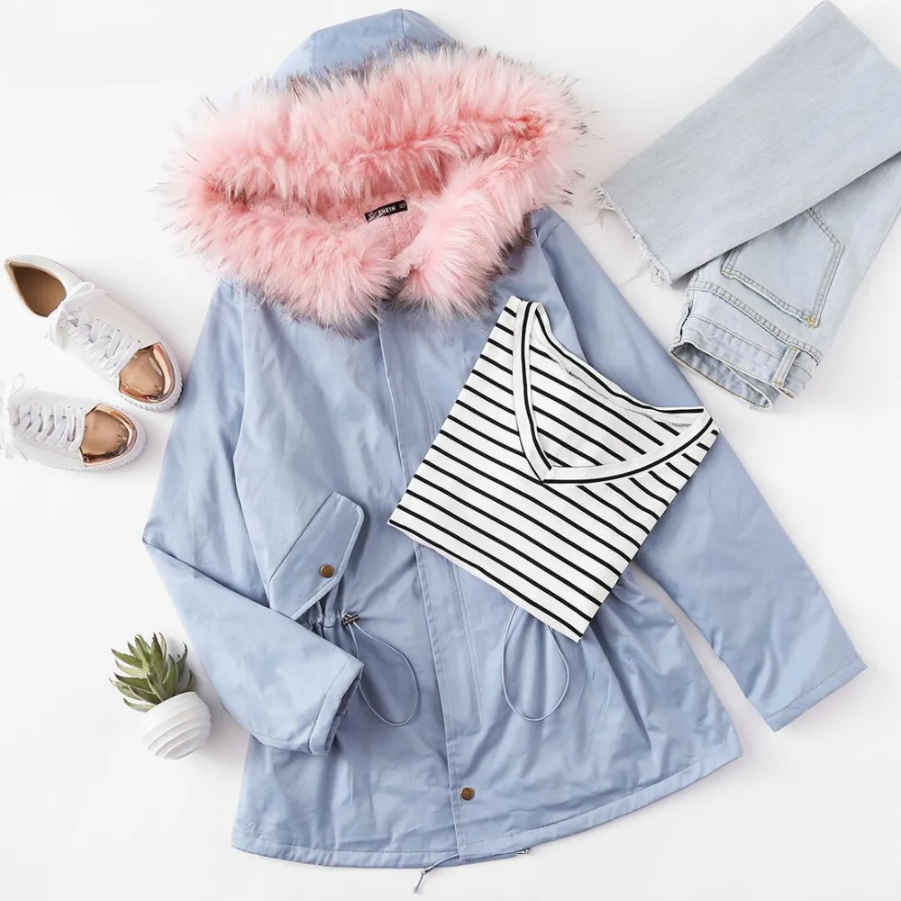 

Faux Fur Trim Hoodie Drawstring Coat Casual Women Winter Coat Blue Long Sleeve Zipper Hooded Women's Coats