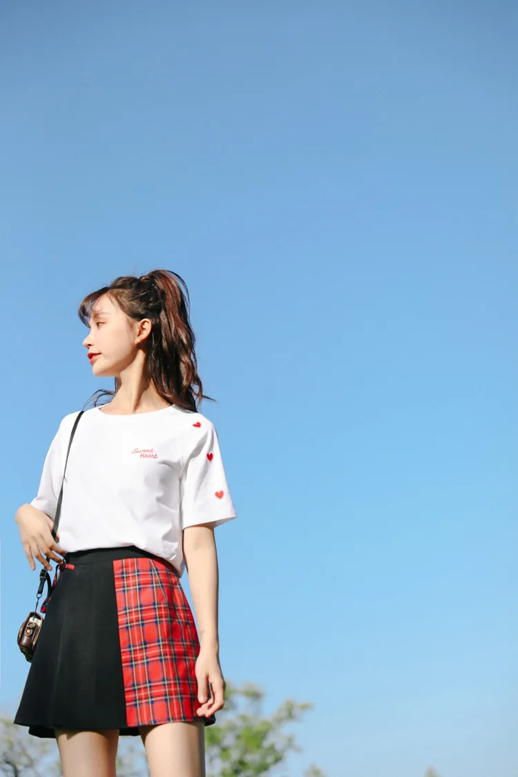 Harajuku футболка женская летняя хлопковая вышитая Футболка с сердечком в консервативном стиле Повседневная Корейская одежда с круглым вырезом Kawaii Топы Tumblr