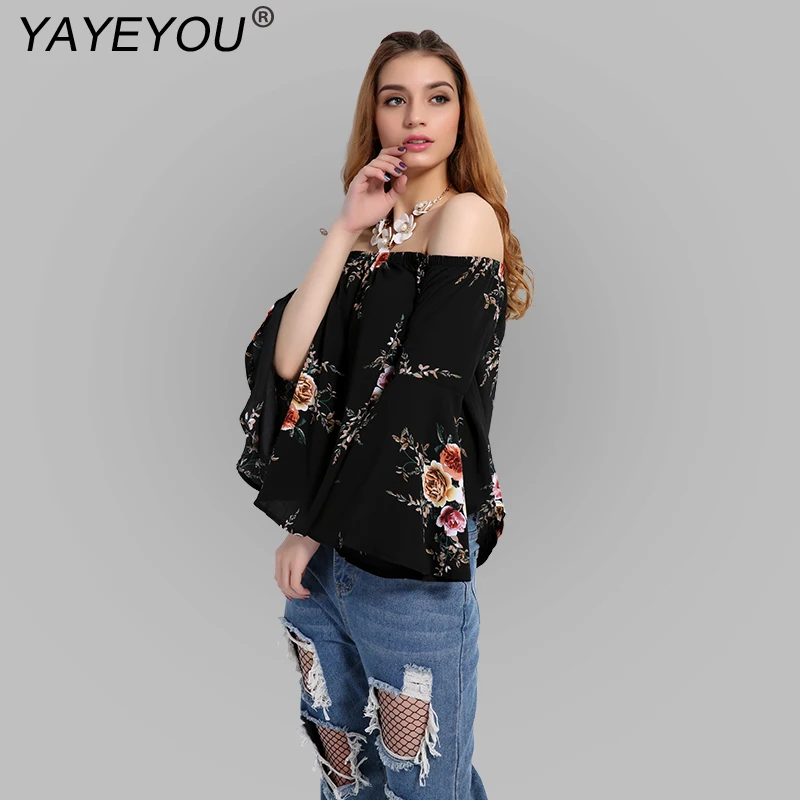 

YAYEYOU Plus Size Women Clothing Off Shoulder Floral Print Black Blouses 3/4 Flare Sleeves Casual Sexy Shirts Blusas Top